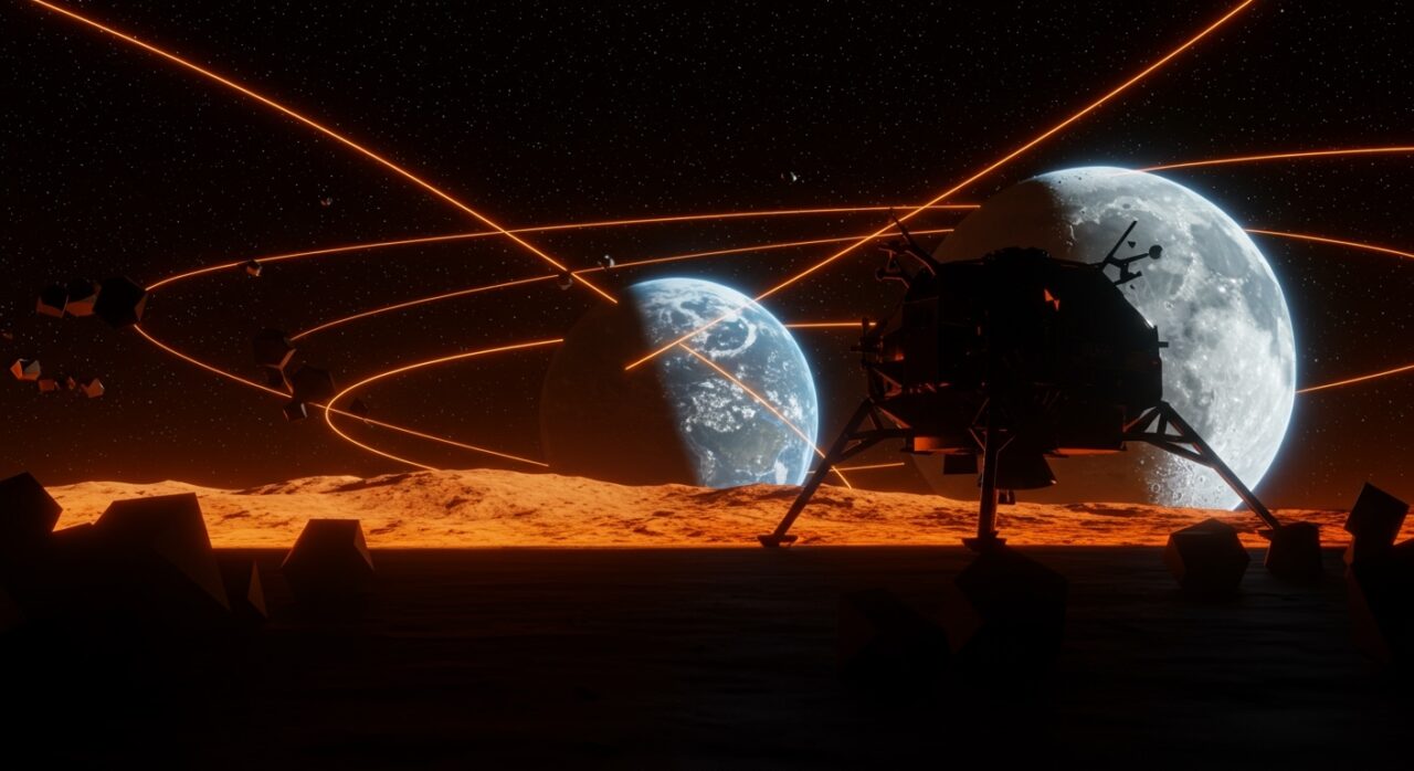 Nave Artemis II de la NASA en misión lunar final con metáforas de innovación aeroespacial y liderazgo de SpaceX y Blue Origin en startups tecnológicas.