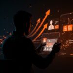 Errores de contratación en startups de IA representados con un CEO analizando perfiles digitales y flechas ascendentes de escalado de equipos en paleta naranja y negro.