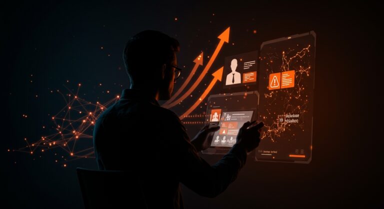 Errores de contratación en startups de IA representados con un CEO analizando perfiles digitales y flechas ascendentes de escalado de equipos en paleta naranja y negro.