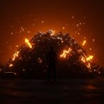 Fundador frente a batería de litio fragmentada simbolizando la bancarrota de Ascend Elements y retos en startups de reciclaje de baterías y tecnología verde.