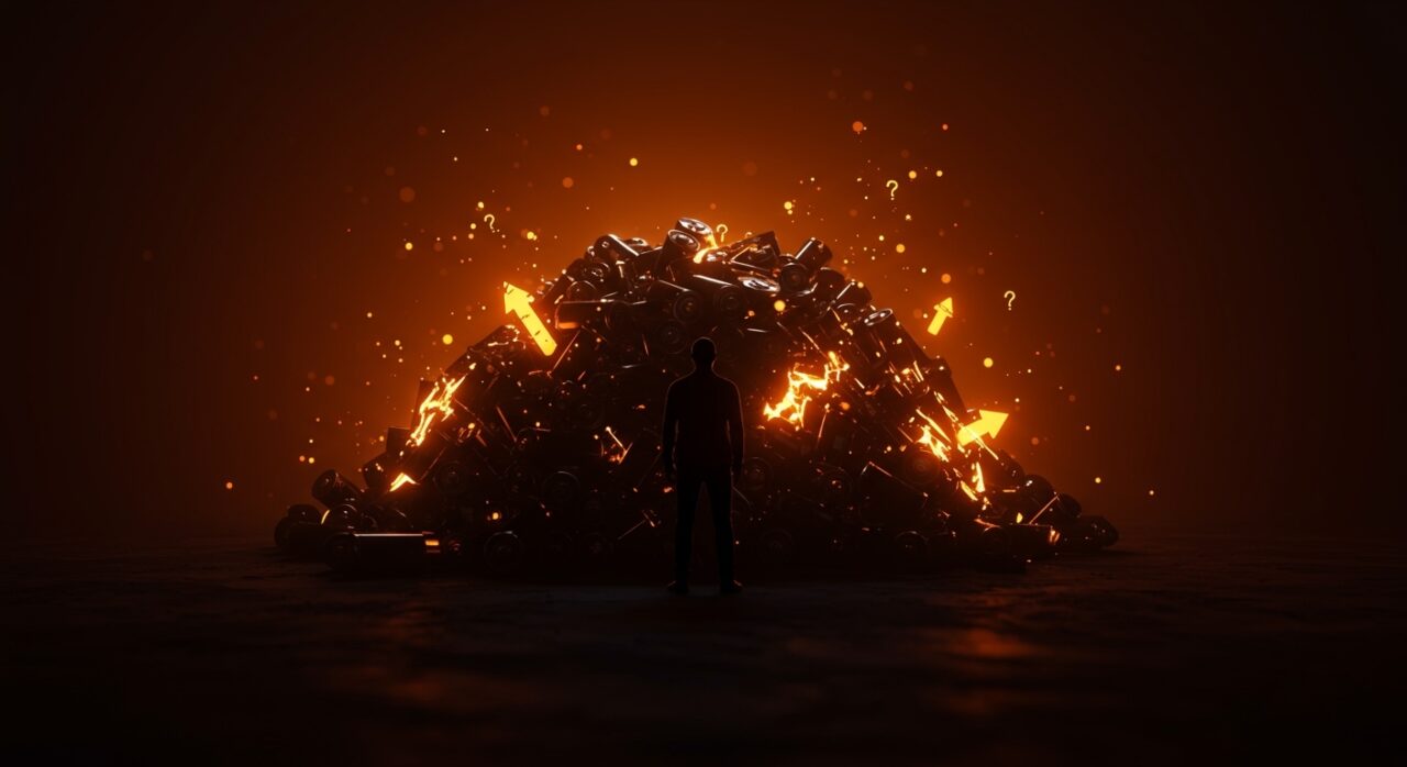 Fundador frente a batería de litio fragmentada simbolizando la bancarrota de Ascend Elements y retos en startups de reciclaje de baterías y tecnología verde.