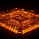 Chip semiconductor con transistores de 8 nm y visualización abstracta de redes neuronales representando litografía EUV y avances en IA.