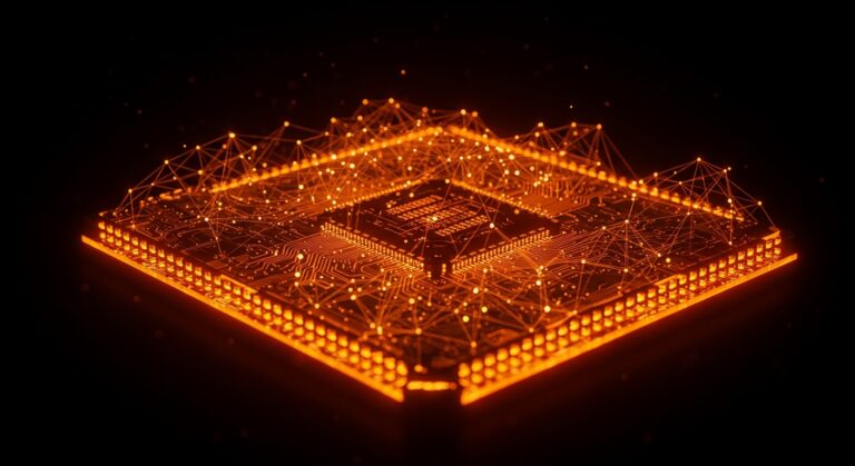 Chip semiconductor con transistores de 8 nm y visualización abstracta de redes neuronales representando litografía EUV y avances en IA.