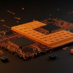 Máquina de fabricación de chips ASML transformando circuitos en piezas de Lego simbolizando el mercado secundario y la cultura startup tecnológica.