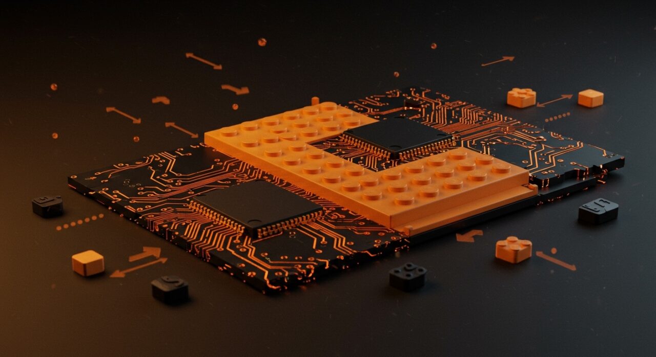 Máquina de fabricación de chips ASML transformando circuitos en piezas de Lego simbolizando el mercado secundario y la cultura startup tecnológica.