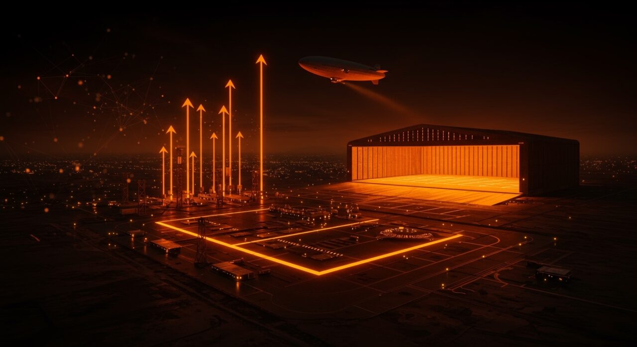 Astropuerto de Teruel con dirigible HAPS ascendiendo, destacando la innovación en infraestructura aeroespacial y vuelos estratosféricos en Europa.