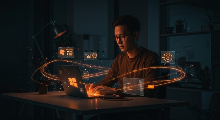 Founder utilizando atajos de teclado para mejorar productividad y automatización en startup con enfoque en Windows, Mac y Linux.