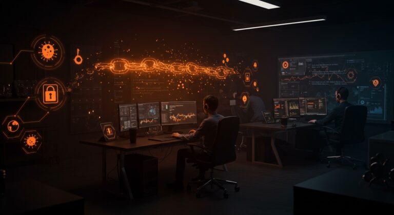 Ataque supply chain a Trivy con exfiltración de credenciales CI/CD mostrando equipo de ciberseguridad defendiendo pipelines en entorno digital.