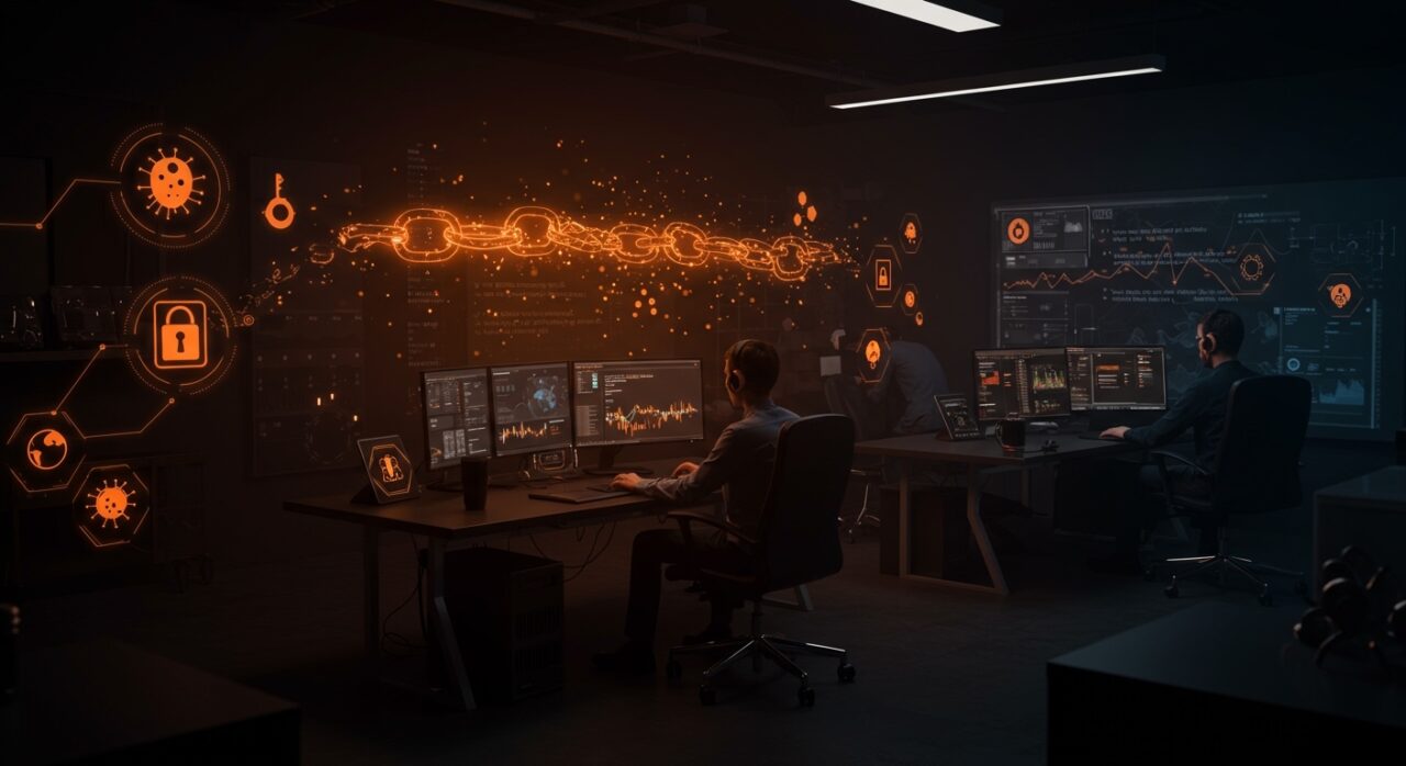 Ataque supply chain a Trivy con exfiltración de credenciales CI/CD mostrando equipo de ciberseguridad defendiendo pipelines en entorno digital.