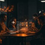 Equipo colaborando en espacio futurista con IA visual Remix y agentes MCP en Confluence para startups tecnológicas.