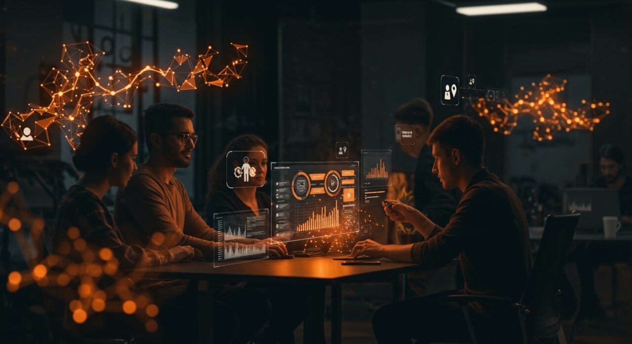 Equipo colaborando en espacio futurista con IA visual Remix y agentes MCP en Confluence para startups tecnológicas.