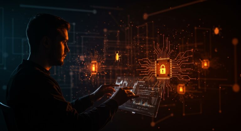 Founder de seguridad informática analizando vulnerabilidades en el kernel Linux con visualización de IA y automatización en un entorno digital futurista.