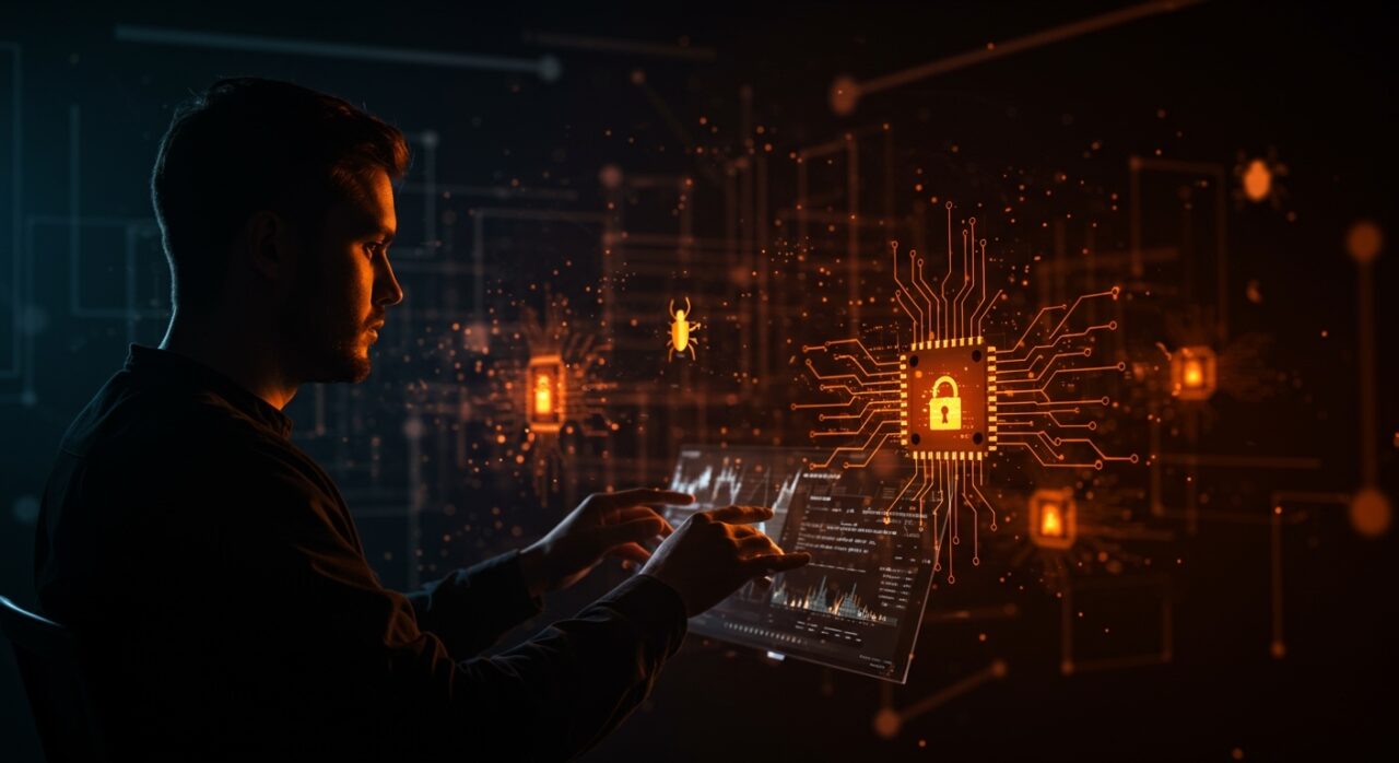 Founder de seguridad informática analizando vulnerabilidades en el kernel Linux con visualización de IA y automatización en un entorno digital futurista.