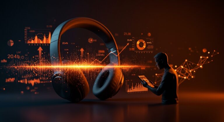 Auriculares inalámbricos con ondas sonoras digitales y empresario enfocado en productividad, representando el crecimiento del mercado y tecnología ANC en 2026.