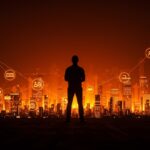 Silueta de fundador de startup frente a un paisaje digital de noticias, ilustrando la regulación y el impuesto Big Tech en Australia y su impacto en medios y tecnología.