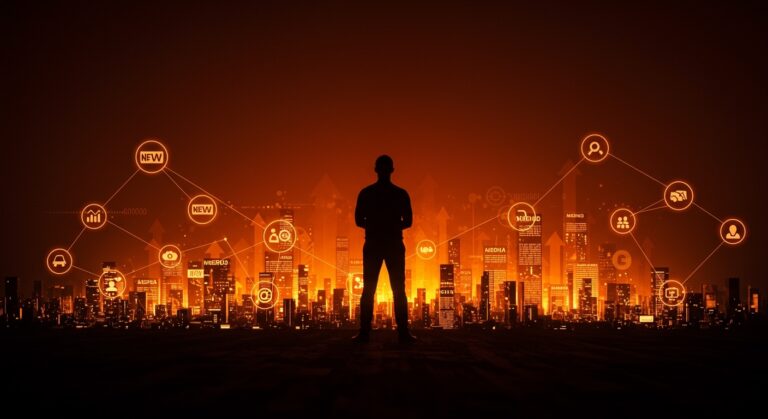 Silueta de fundador de startup frente a un paisaje digital de noticias, ilustrando la regulación y el impuesto Big Tech en Australia y su impacto en medios y tecnología.