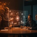 Inversión en inteligencia artificial y automatización empresarial representada por líderes empresariales analizando tecnología avanzada y flujos digitales en ecosistema startup.