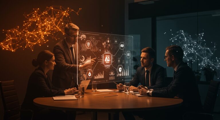 Inversión en inteligencia artificial y automatización empresarial representada por líderes empresariales analizando tecnología avanzada y flujos digitales en ecosistema startup.