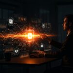 Inversión en automatización empresarial con un profesional supervisando flujos de datos de inteligencia artificial y transformación digital en un entorno futurista.