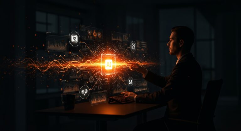 Inversión en automatización empresarial con un profesional supervisando flujos de datos de inteligencia artificial y transformación digital en un entorno futurista.