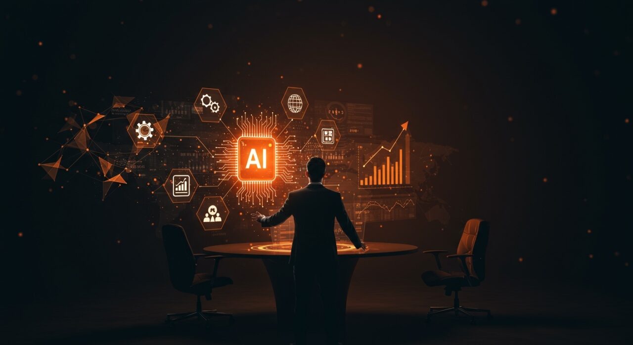 Automatización empresarial con inversión en IA mostrando líder tecnológico frente a interfaz digital con símbolos de inteligencia artificial y crecimiento automatizado.