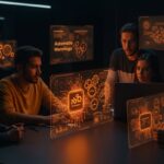 Fundadores de startups LATAM colaborando con plataformas de automatización de flujo de trabajo e IA agentiva en un entorno futurista.