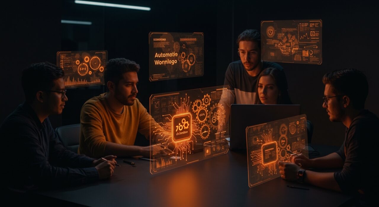 Fundadores de startups LATAM colaborando con plataformas de automatización de flujo de trabajo e IA agentiva en un entorno futurista.