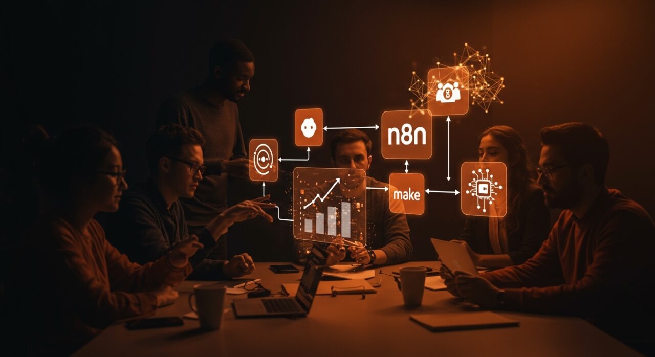 Startup founders en colaboración usando herramientas de automatización de flujos de trabajo y IA agentiva para escalar startups en LATAM en 2026.