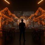 Futuro del trabajo en startups 2040 con automatización e inteligencia artificial en un ambiente tecnológico avanzado.