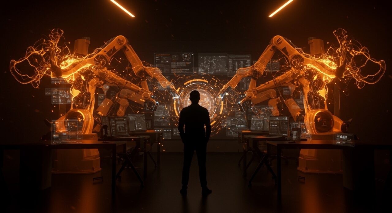 Futuro del trabajo en startups 2040 con automatización e inteligencia artificial en un ambiente tecnológico avanzado.