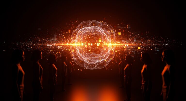 Mujeres enfrentando riesgo laboral por automatización IA con metáfora visual de brecha de género en tecnología y empleo femenino digital.