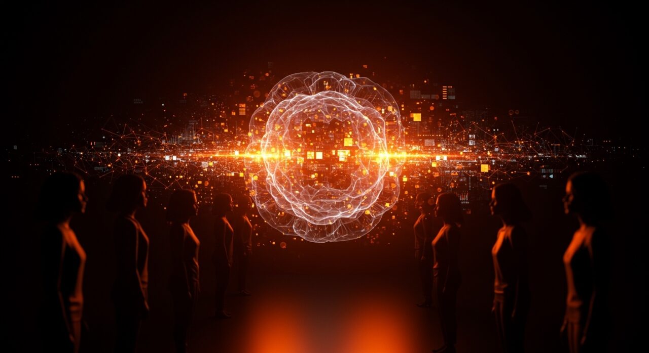 Mujeres enfrentando riesgo laboral por automatización IA con metáfora visual de brecha de género en tecnología y empleo femenino digital.