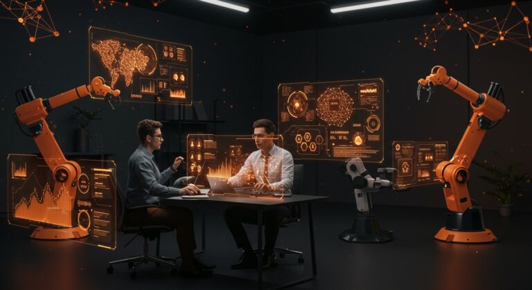 Transformación del trabajo en startups hacia 2040 con automatización, inteligencia artificial y robótica colaborativa representada en un espacio futurista.