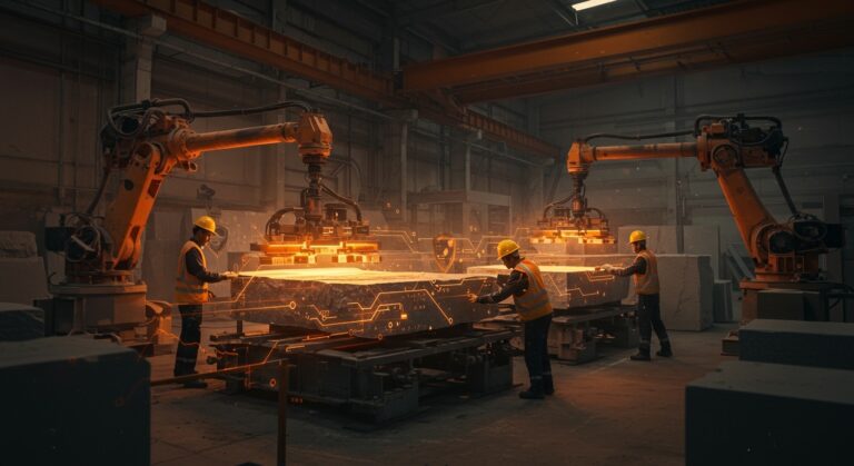 Automatización industrial en la industria de la piedra con tecnología avanzada mejorando productividad y seguridad laboral.