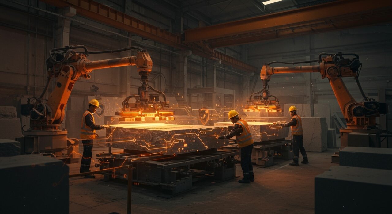 Automatización industrial en la industria de la piedra con tecnología avanzada mejorando productividad y seguridad laboral.