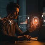 Fundador de startup interactuando con interfaz holográfica de IA mostrando automatización inteligente y supervisión humana en LATAM.