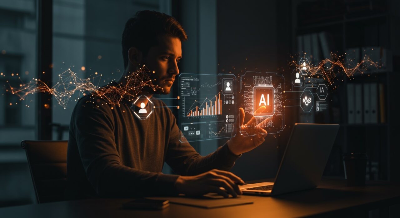 Fundador de startup interactuando con interfaz holográfica de IA mostrando automatización inteligente y supervisión humana en LATAM.