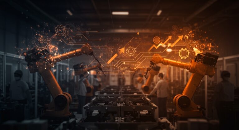 Automatización en la maquila de Tijuana mostrando robots industriales y trabajadores, reflejando retos y oportunidades en la transformación digital del sector.