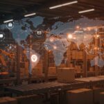 Centro logístico automatizado en LATAM con mapas digitales y símbolos de nearshoring impulsando la innovación en startups y e-commerce.