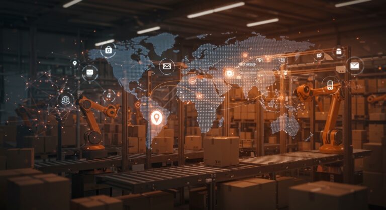 Centro logístico automatizado en LATAM con mapas digitales y símbolos de nearshoring impulsando la innovación en startups y e-commerce.