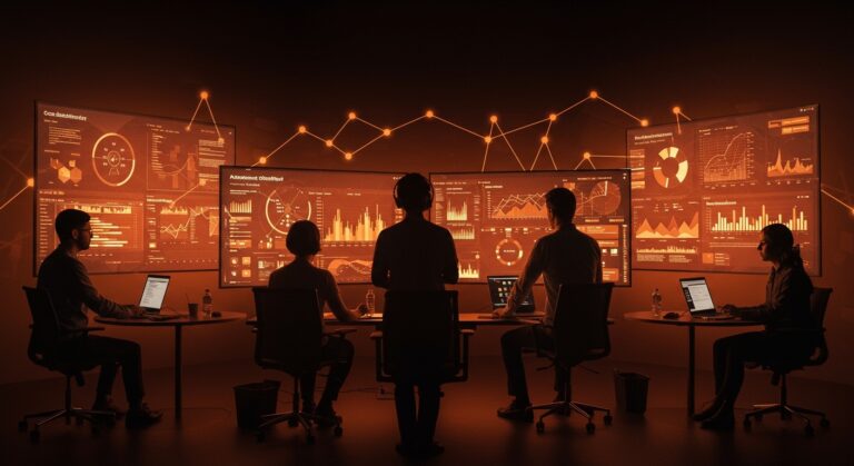 Fundadores de startups usando automatización y herramientas low-code para reducir errores humanos en 2026, ilustrando eficiencia tecnológica.