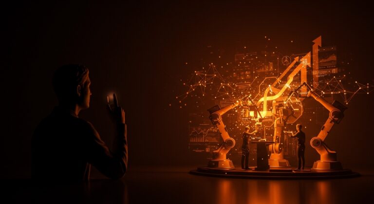 Automatización y empleo en transformación digital representados por colaboracion entre humanos y tecnología en el entorno laboral startup.