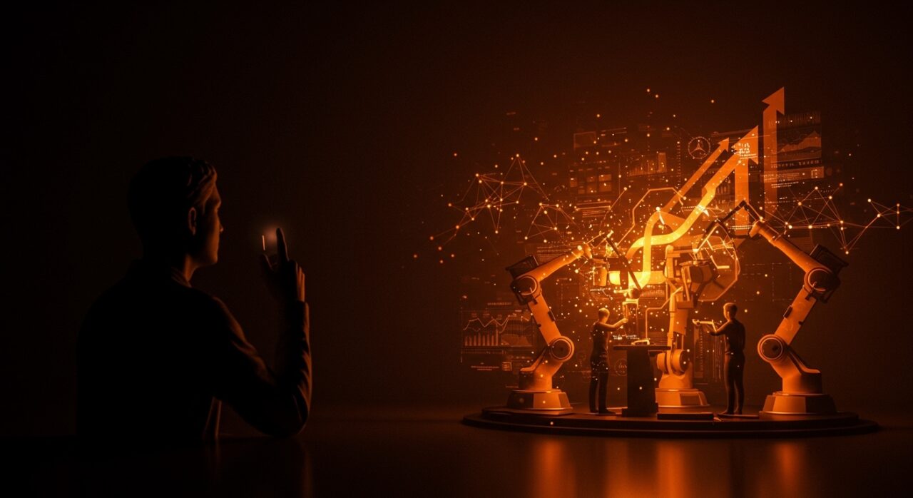 Automatización y empleo en transformación digital representados por colaboracion entre humanos y tecnología en el entorno laboral startup.