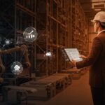 Automatización de almacenes en República Dominicana con tecnología avanzada de Automha mostrando un almacén futurista y operaciones logísticas eficientes.