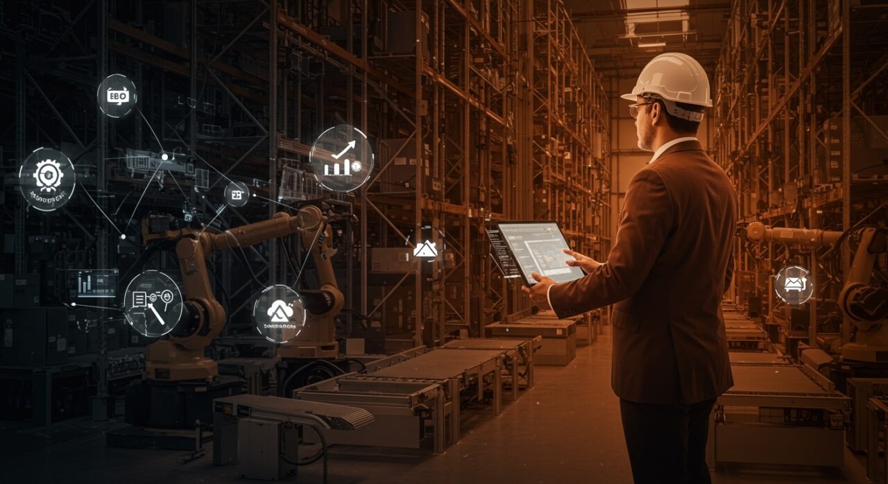 Automatización de almacenes en República Dominicana con tecnología avanzada de Automha mostrando un almacén futurista y operaciones logísticas eficientes.