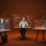 Emprendedores de LATAM interactuando con avatares digitales impulsados por IA en un entorno futurista que refleja las tendencias de las Big Tech y oportunidades para startups en 2026.