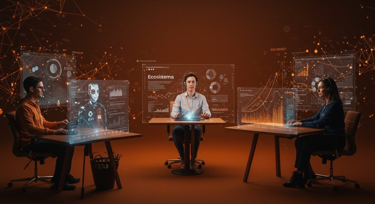 Emprendedores de LATAM interactuando con avatares digitales impulsados por IA en un entorno futurista que refleja las tendencias de las Big Tech y oportunidades para startups en 2026.