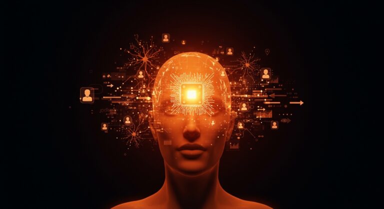 Avatar digital hiperrealista con inteligencia artificial y elementos holográficos representando la competencia de Big Tech por avatares digitales en LATAM.