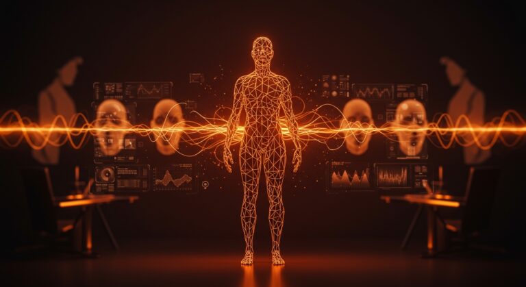 Avatares digitales de inteligencia artificial representando la clonación humana y transformación empresarial en el ecosistema startup LATAM.