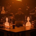 Avatares digitales con IA en startups LATAM colaborando en un espacio futurista con tecnología avanzada y metáforas visuales de inteligencia artificial.